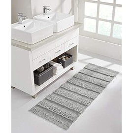 VCNY Home Savannah Collection Bath Rug Runner-Boho Fringe Striped Design-for Bathroom, Hallway, or Kitchen Use, 24" x 60", Grey