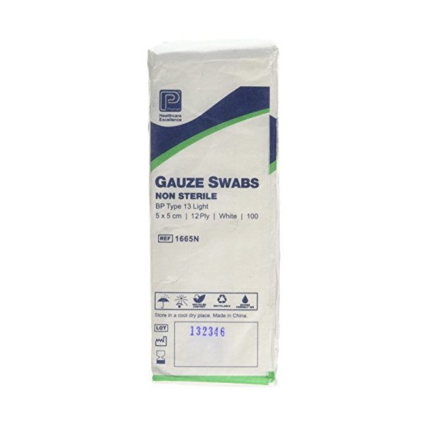 Premier 1665 Cotton Gauze Swabs 12 Ply 5 cm x 5 cm White Paperpacks (Pack of 100)