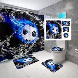 FJKJHKGJ 4Pcs Soccer Shower Curtain for Boys Bathroom Set - Boys Sports Shower Curtain Set with Bath Mat Toilet Lid Cover with 12 Hooks, 70" x 70"