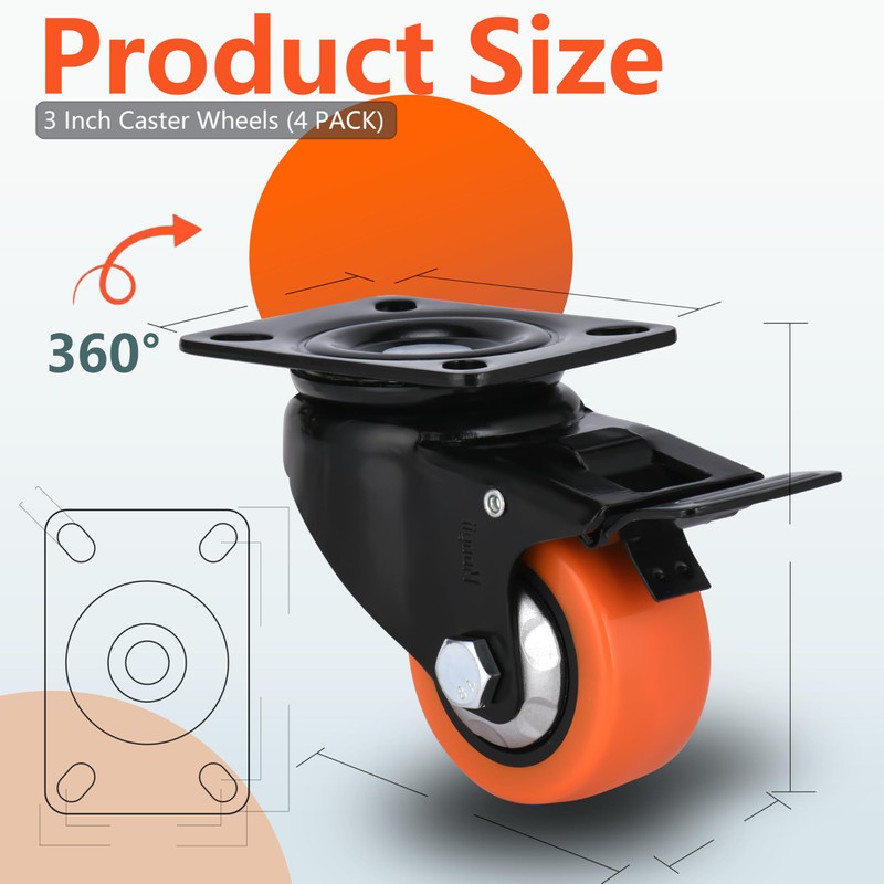 Heavy Duty Industrial Brake Caster,Load Capacity 3000lbs, No Noise Polyurethane