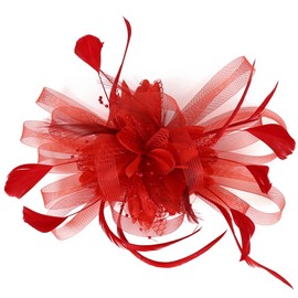 dressfan Fascinator Hat Headpiece Womens Vintage Wedding Mesh Feather Hair Clip,20s 50s Headband Hair Accessories Headwear for Kentucky Derby/Wedding/Cocktail/Tea Party,Red