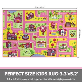 Capslpad Kid Rug for Playroom Pink Play Rug Traffic Road Car Play Mat 5.2x3.3 ft Educational Learning Area Rug Washable Kids Carpet for Children Girls Bedroom,Playroom,Nursery Room Decor