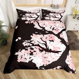 Cherry Blossoms Comforter Cover for Adult Women Japanese-Style Pink Duvet Cover Romantic Theme Bedding Collections Girls Boys Teens Botanical Flowers Bedding Set with 2 Pillowcases, Full Size