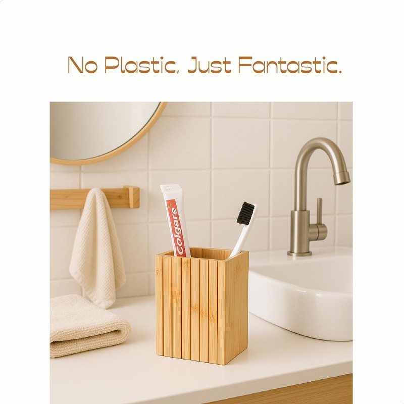 2 Pack Natural Bamboo Toothbrush Holder, Fluted Square Design for