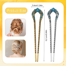 2pcs Vintage Metal French Hair Pins, Rhinestone Flower U Shaped Hairpins Carved Chinese Ancient Twist Hair Sticks for Buns Hair Accessories for Women (Gold, Silver)