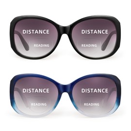 JM 2 Pack Bifocal Reading Sunglasses for Women Fashion Oversized Square Sun Readers Outdoor Reading Glasses UV400 Protection, Black & Clear Blue +1.5