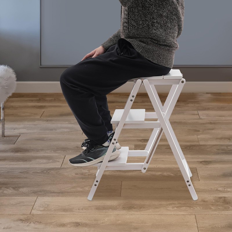Hteedy Folding Step Ladder, White Folding Step Ladder 3-Layer Folding