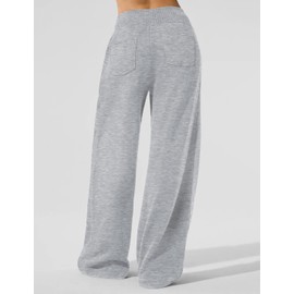 HeSaYep Women's Wide Leg Sweatpants Ribbed Baggy High Waist Sweat Pants Cotton Athletic Lounge Straight Leg Pants with 4 Pockets Grey M