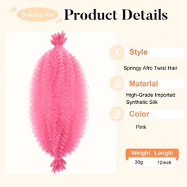 Afro Twist Hair 12 Inch Cuban Twist Hair 8 Packs Kinky Curly Braiding Pink Marley Twist Braiding Hair Synthetic Marley Hair for Soft Locs