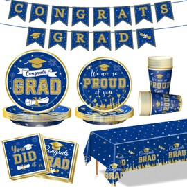 2025 Graduation Party Decorations Blue and Gold Grad Party Supplies with Paper Plates Napkins Cup Tablecloth and Congrats Grad Banner for Graduation Decorations, Serve 24