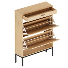 XIAO WEI Shoe Cabinet, Natural Semi Circle Rattan Shoe Storage Organizer Cabinet with 2 Flip Drawers, Freestanding Shoe Rack with Adjustable Shelf for Entryway (Large Size)