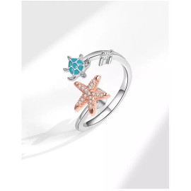Unbranded White Gold Plated Spinning Starfish & Turtle CZ Anxiety Silver Open Ring PE63