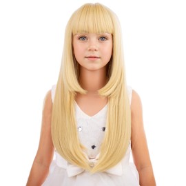 PATTNIUM Long Blonde Wig for Kids Child Blonde Straight Wig with Bangs Girls Golden Synthetic Hair Wigs