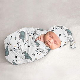 Sweet Jojo Designs Bear Mountain Baby Boy Cocoon and Beanie Hat 2pc Set Jersey Stretch Knit Sleeping Bag for Infant Newborn Nursery Sleep Wrap Sack - Slate Blue and Black Woodland Forest Animal