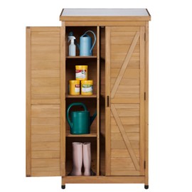 68''x33''x20'' Outdoor Wooden Storage Shed with Metal Top Tall Vertical Tool Cabinet for Backyard Garden Patio Lawn （Gold）