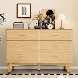 BORNOON Dresser for Bedroom with 6-Drawer, 47.2" Modern Chest of Drawers with Metal Handles, X-Shape Base & Adjustable Center Leg, Anti-Tip Closet Organizers and Storage