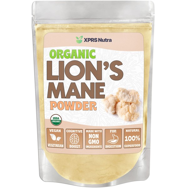 XPRS Nutra Organic Lion's Mane Powder - Premium Lions Mane Powder for Mental Clarity, Cognition and Immunity - Vegan Friendly Lions Mane Mushroom (8 oz)