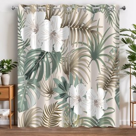 PAOPOED Tropical Floral Plant Black Out Window Curtains, Vintage Hibiscus Flower Palms Banana Monstera Decor for Bedroom, Living Room, Grommet Window Drapes 2 Panel Set, 52"x84"