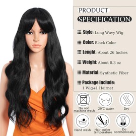 26 Inch Long Wavy Wigs for Women Black Wig with Bangs Ombre Brown Wig with Dark Roots Long Layered Wig Heat Resistant Synthetic Wig Natural Looking Wigs for Daily Party Use(1B)