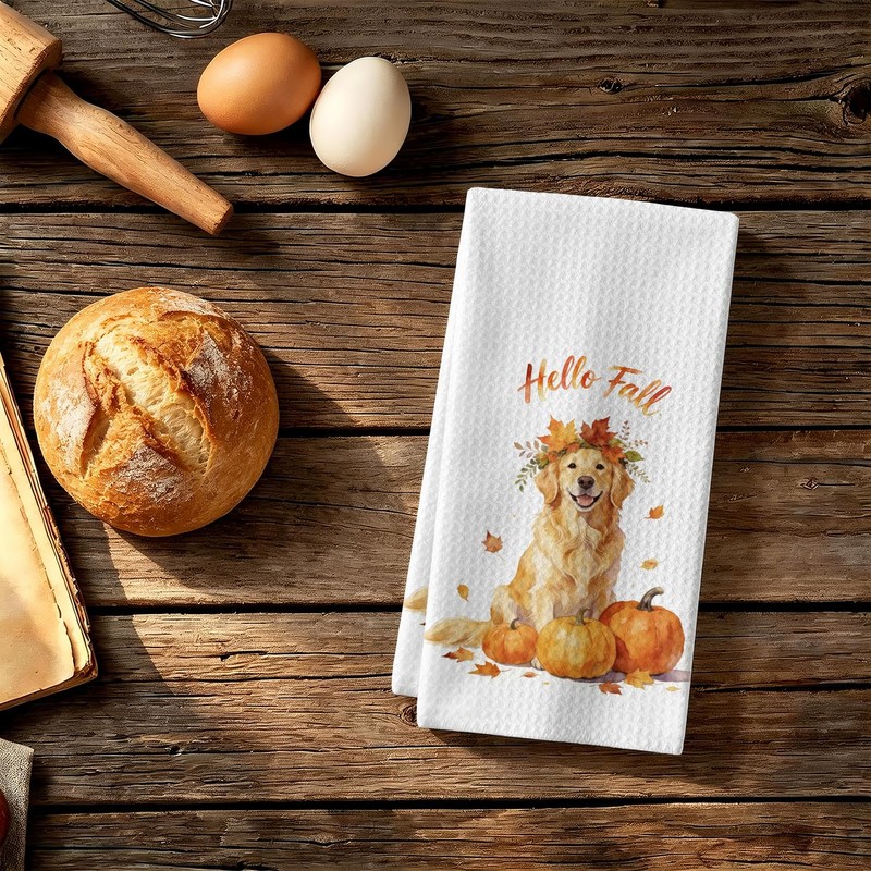 Fall Golden Retriever Kitchen Dish Towel, Golden Retriever Gift