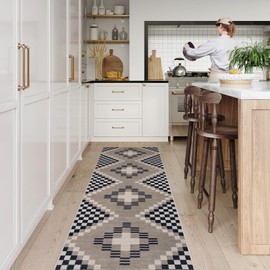 Beeiva Boho Checkered Hallway Runner Rug 8ft, Ultra Thin Black Kitchen Runner Rugs Non Skid Washable 8 ft, 2.5x8 Farmhouse Stain Resistant Floor Carpet for Hallways Entryway Bedroom, Black