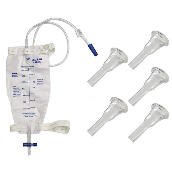 Male Urine Leg Bag Collector,5-Condom Catheters Self-Seal 28mm (Intermediate), Premium Leg Bag 750ml 30 Inch PVC Extension Tubing, Tubing Straps & Fast and Easy Draining