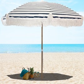 Tassel Beach Umbrella 7 Foot – Designer Umbrella Fringed Tassels – Wood Grain Steel Pole – Tilt Function – Ground Stake - UPF 50+ UV Sun Protection - Exotic Tan Color Striped – Carry Bag