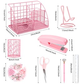KAAKOW Pink Desk Organizers and Accessories Office Supplies Set Stapler, Pen Holder, Phone Holder, Scissors, Pen, Ruler, 30 Paper Clips, 22 Binder Clip, 20 Tacks and 1000pcs Staples