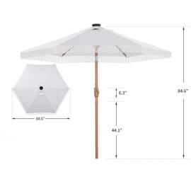 GDY 7.5ft Tassel Patio Umbrella Outdoor Table Umbrella with 18 LED Lights,Market Umbrella with 6 Sturdy Ribs, with Push Button Tilt and Crank, Bright White