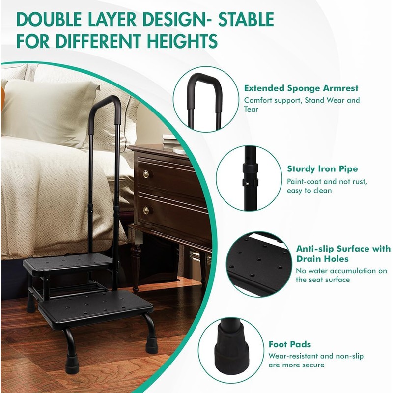 2 Step Stool with Handle, Height Adjustable Stepping Stool, Step