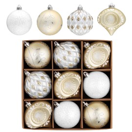 Valery Madelyn Christmas Ball Ornaments, 9ct White and Gold Shatterproof Fall Christmas Tree Decorations Set, 2.76 Inches Luxury Hanging Ornaments for Xmas Trees Bulk Holiday Decor