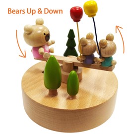 Bitopbi Wooden Music Box with Moving Seesaw - Mama Bear & 2 Little Bears with Balloons, Wind Up Musical Box Animated Home Decor, Soothing Melody for Stress Relief & Fun (5# Bears)