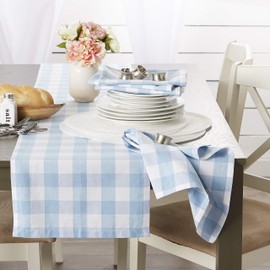 DII Buffalo Check Collection Classic Tabletop, Table Topper, 40x40, Light Blue & White