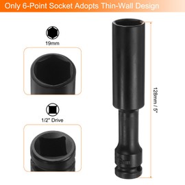 sourcing map Deep Thin Wall Impact Socket 19mm Metric 6 Point Socket 1/2" Square Drive 5" Extra Long Phosphated CR-V Steel Industrial Grade Spindle Axle Nut Socket, Black