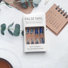 Butterfly Press on Nails Long Coffin Fake Nails Gradient White Nail Tips False Nails with Pink Blue Butterflies Flowers Design Glossy Spring Summer Butterfly Floral Glue on Nails for Women Manicure