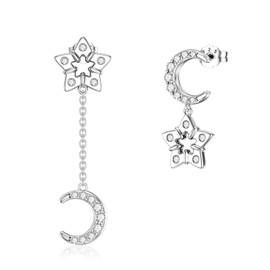 Moon and Star Earrings 925 Sterling Silver Moon Star Dangle Drop Earrings for Women Moon Star Stud Earrings, Sterling Silver, Cubic Zirconia