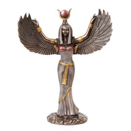 Egyptian Theme Isis Mythological Bronze Finish Figurine With Open Wings Goddess of Magic Statue Sculpture