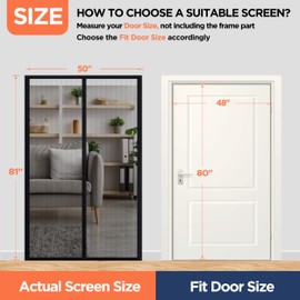 Famyards Self Sealing Magnetic Screen Door, Actual Screen Size 50 x 81 Fit Door Size 48 x 80 Inch Kid and Pet Friendly Walk Through Door Screen Magnetic Closure, Strong Magnets Door Mesh