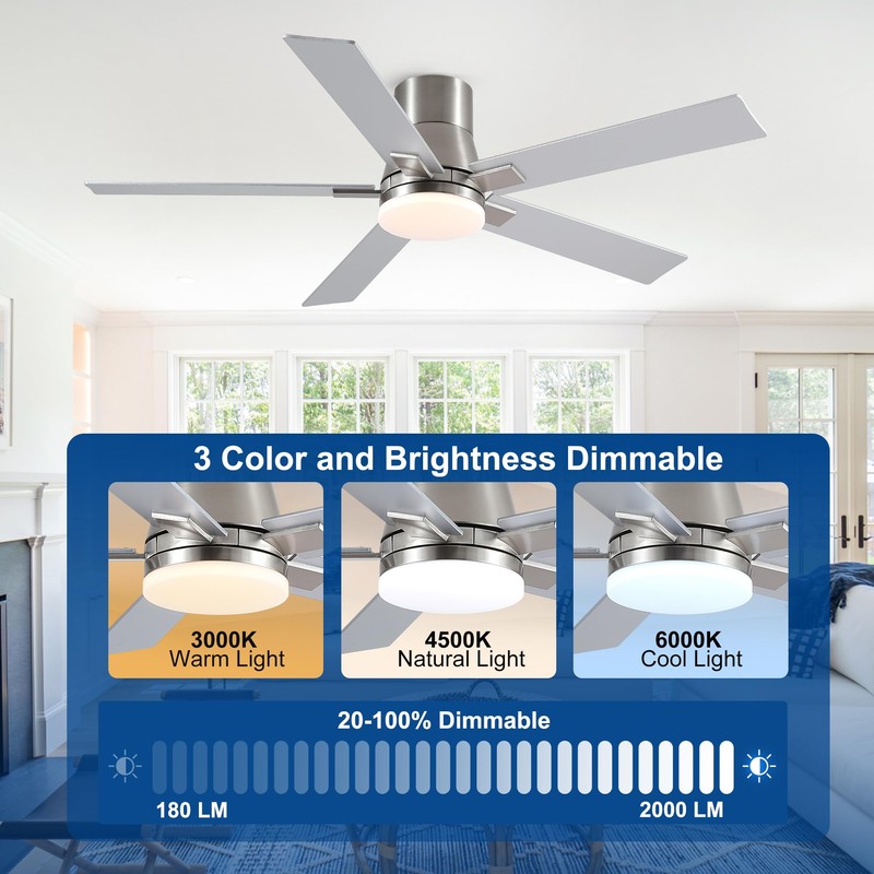 Rayqueen 52 Inch Ceiling Fans with Lights and Remote,Flush Mount