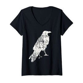 Womens STANDING RAVEN–White Bird Graphic V-Neck T-Shirt