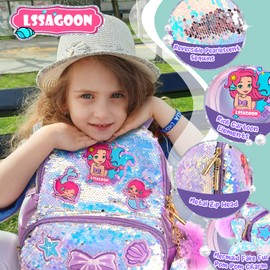 LSSAGOON Toddler Mermaid Sequin Backpack for Girls, Cute Kids School Book Bag for Nursery Elementary, Back to School Easter Birthday Christmas Gifts for Girls