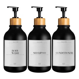 Juego 3 Dispensadores De Baño 500ml Jabon Shampoo Acondicionador Tapa De Bambú Fsy Fasilyt YUB-086 Color Negro