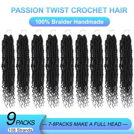 Passion Twist Crochet Hair,12 Inch 9 Packs Pretwisted Passion Twist Hair, Soft Pre Looped And Pre twist Crochet Hair For Women，Short Black Curly Crochet Braids(12",1B#)