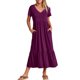 ANRABESS Women's Summer Casual Short Sleeve T Shirts Maxi Dress Flowy V Neck Tiered Beach Vacation Sundress 2025 Outfits Purple X-Large