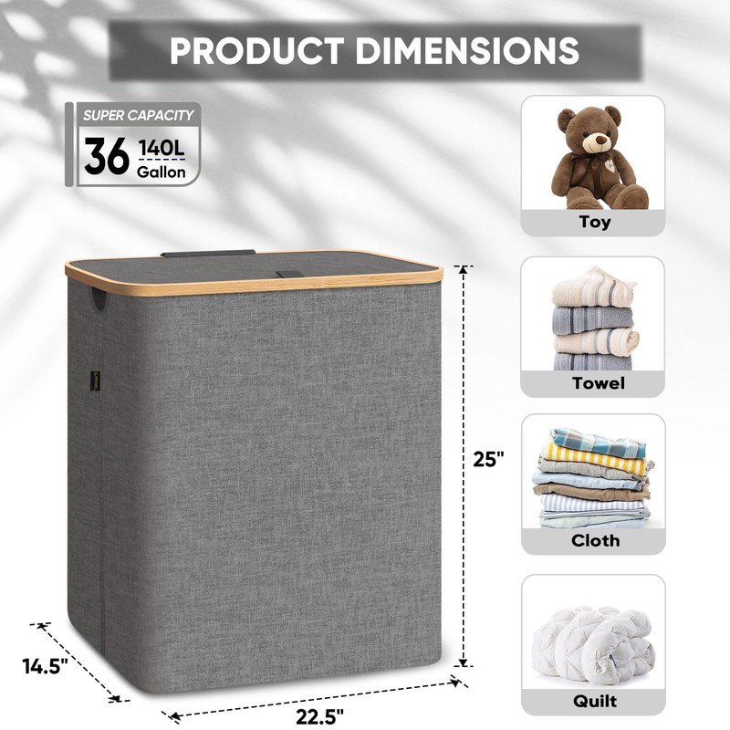 BALEINE Laundry Hamper with Lid, Tall Laundry Baskets with Bamboo