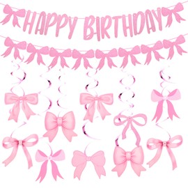 Pink Bows Happy Birthday Decorations for Girls and Women Cute Bows Happy Birthday Banner with Hanging Swirls Pink Party Decorations (2 Banners + 14 Bow Hanging Swirls)