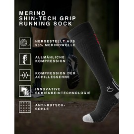 liiteGuard Merino Shin-Tech Grip Running Compression Socks for Men and Women | For Sports Running Football | Runner Compression Socks Gentle for Achilles Tendon Shin Ankle, black, 44 - 47