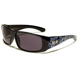 Locs Paisley Bandana Print Square Retro Wrap Around Sunglasses (Glossy Black & Blue Bandana Frame, Black Lenses)