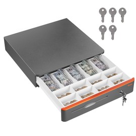 Tera 16 inch Cash Drawer: with Micro Switch Auto Open Heavy Duty Insert Tray 5 Bill 8 Coin for POS System Removable Cash Tray Media Slot 24V RJ12 Key-Lock (Round Corner) for Retail 405R Silver