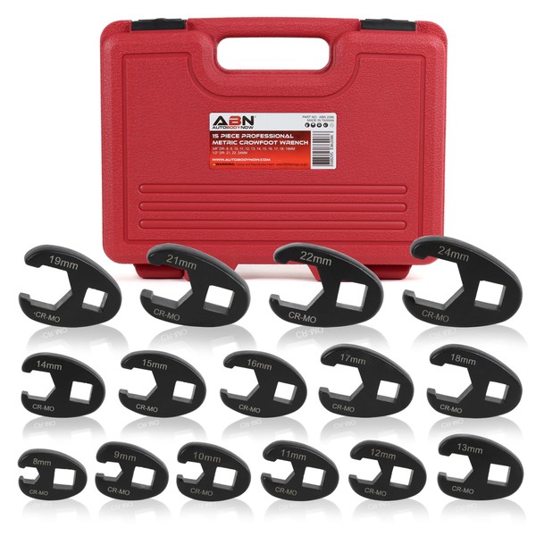 ABN Jumbo Crowfoot Flare Nut Wrench Set Metric 15-Piece Tool Kit for 3/8in and 1/2in Drive Ratchet